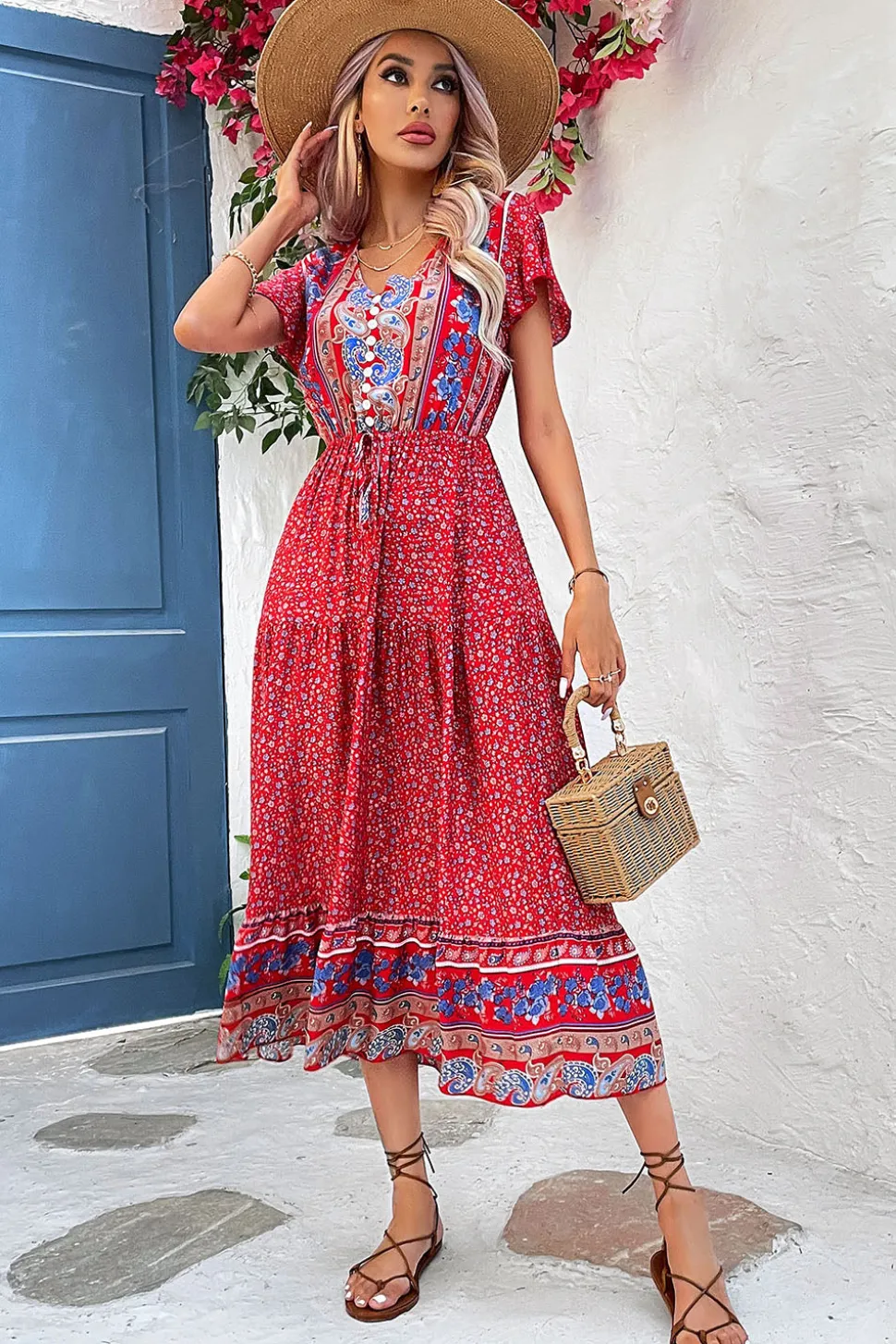 Verde Claro Decote em V Linha-A Midi Vestido de Verão