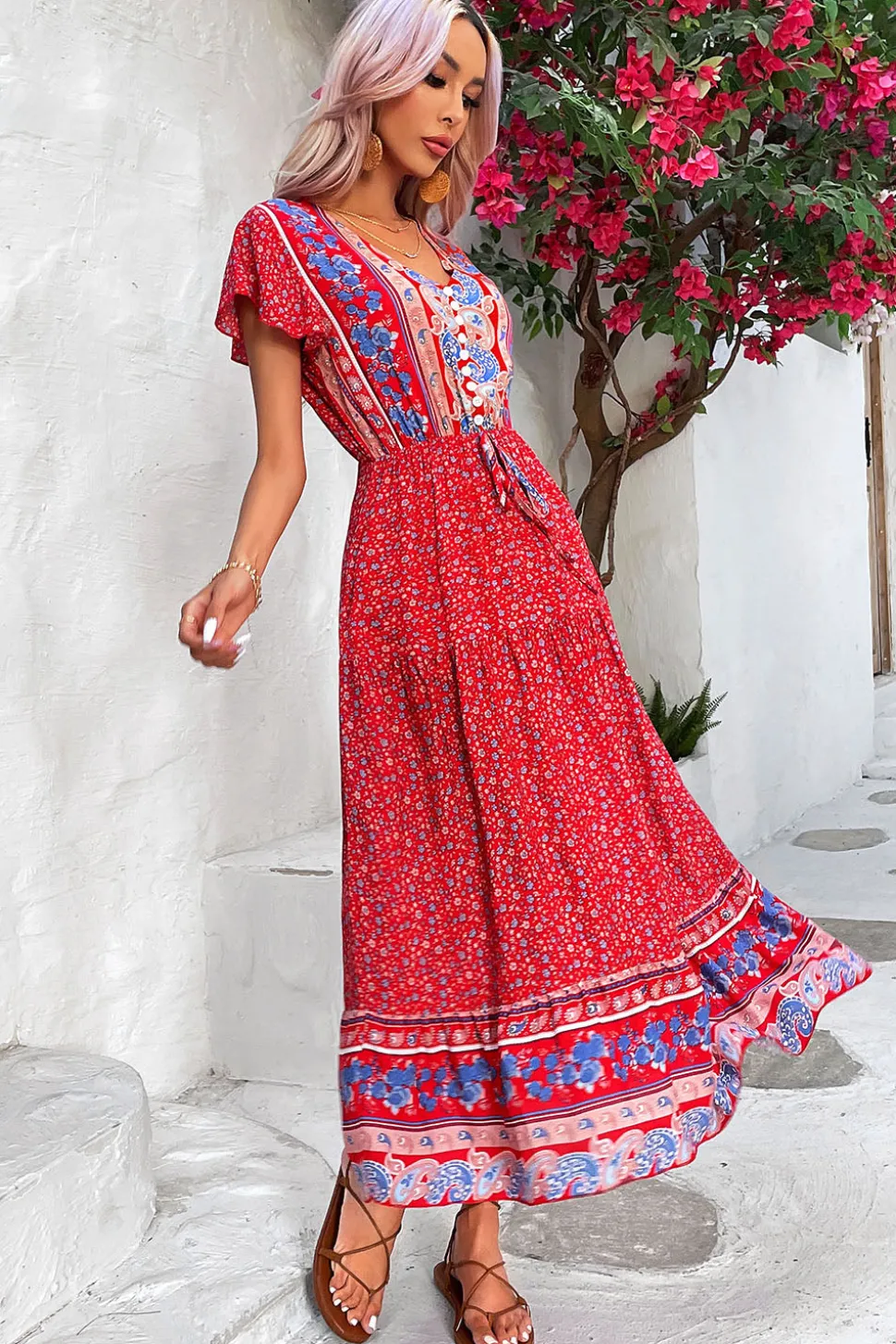 Verde Claro Decote em V Linha-A Midi Vestido de Verão