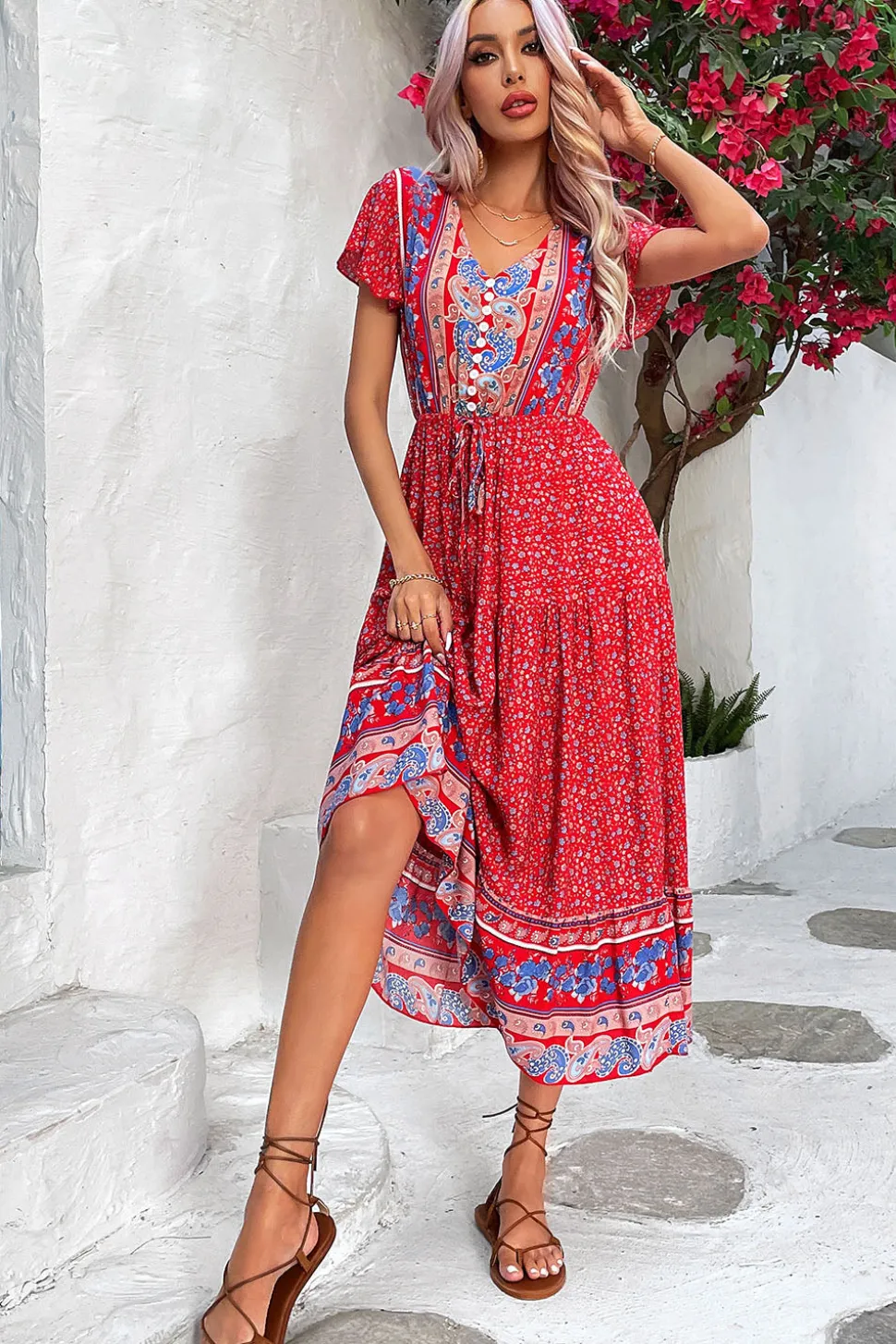 Verde Claro Decote em V Linha-A Midi Vestido de Verão