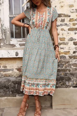 Verde Claro Decote em V Linha-A Midi Vestido de Verão