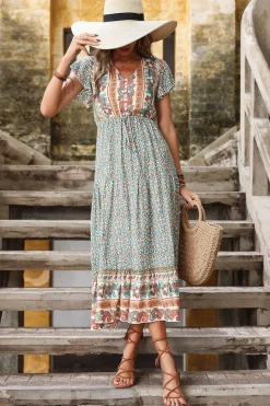 Verde Claro Decote em V Linha-A Midi Vestido de Verão