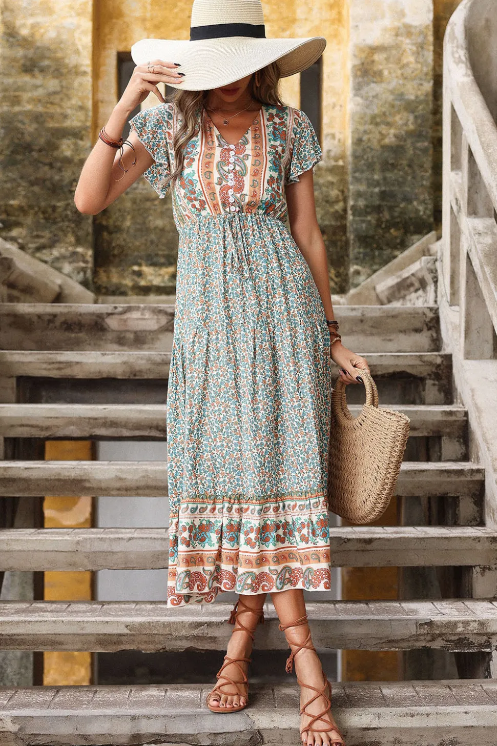 Verde Claro Decote em V Linha-A Midi Vestido de Verão