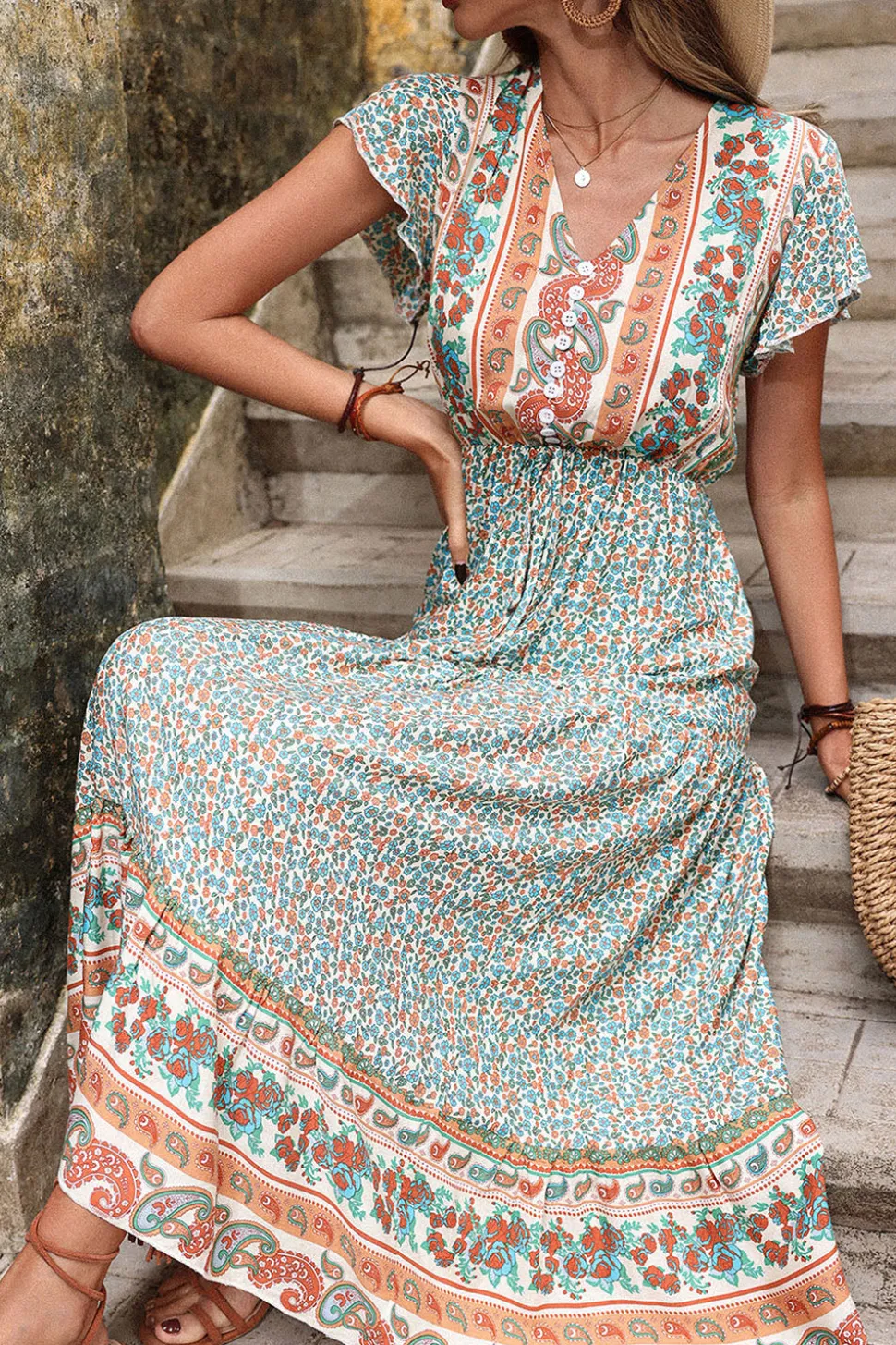 Verde Claro Decote em V Linha-A Midi Vestido de Verão