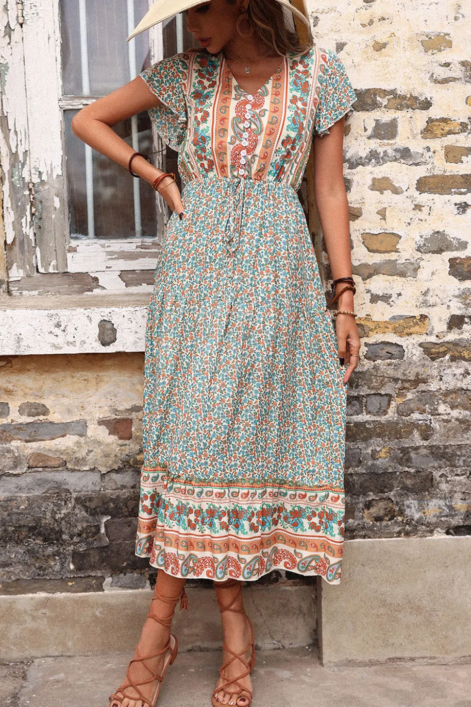 Verde Claro Decote em V Linha-A Midi Vestido de Verão