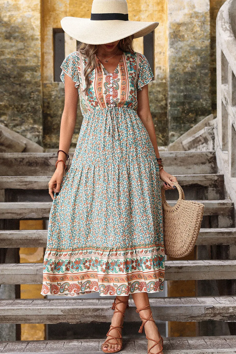 Verde Claro Decote em V Linha-A Midi Vestido de Verão