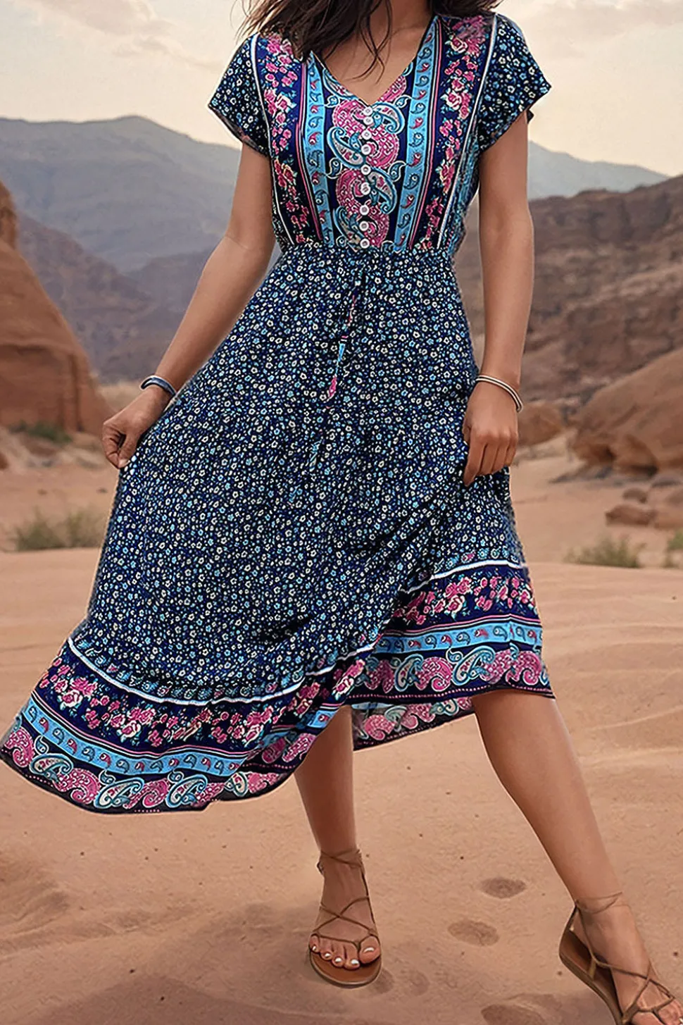 Verde Claro Decote em V Linha-A Midi Vestido de Verão