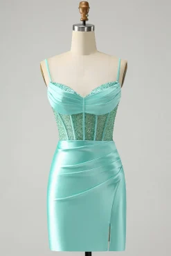 Verde claro espaguete correias bodycon espartilho cetim homecoming vestido com fenda