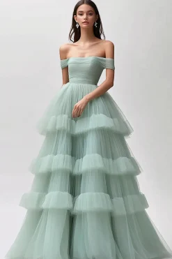 Verde Claro Fora do Ombro Tule Longo Vestidos Baile De Finalistas