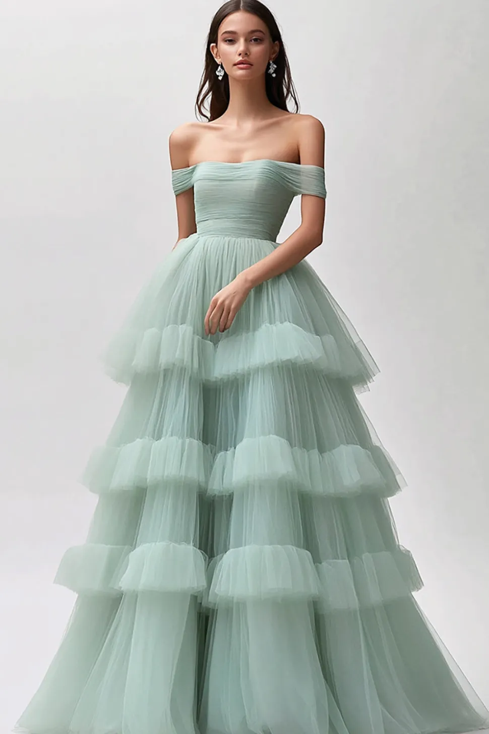 Verde Claro Fora do Ombro Tule Longo Vestidos Baile De Finalistas
