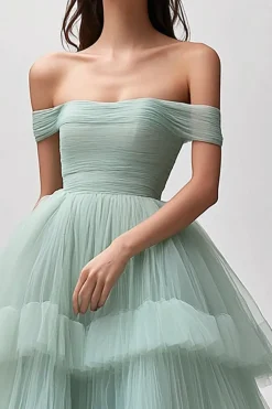 Verde Claro Fora do Ombro Tule Longo Vestidos Baile De Finalistas