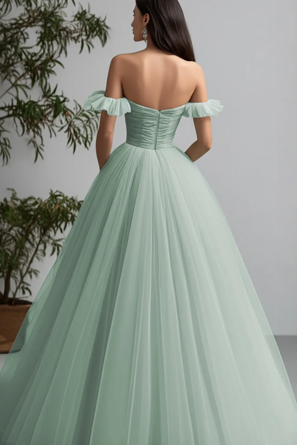 Verde Claro Fora do Ombro Linha-A Longo Tule Vestido de Baile