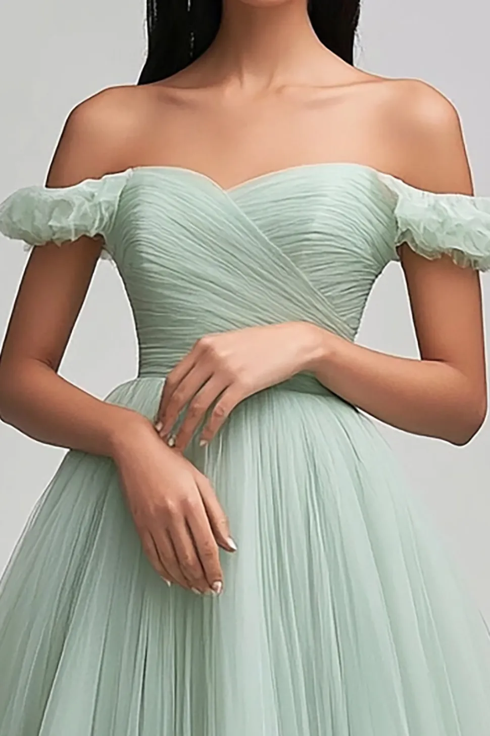 Verde Claro Fora do Ombro Linha-A Longo Tule Vestido de Baile