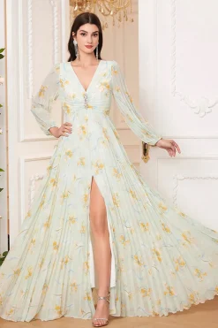 Verde Claro Mangas Longas Estampa Floral Uma Linha V Pescoço Prom Dress com Fenda