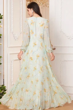 Verde Claro Mangas Longas Estampa Floral Uma Linha V Pescoço Prom Dress com Fenda