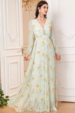 Verde Claro Mangas Longas Estampa Floral Uma Linha V Pescoço Prom Dress com Fenda