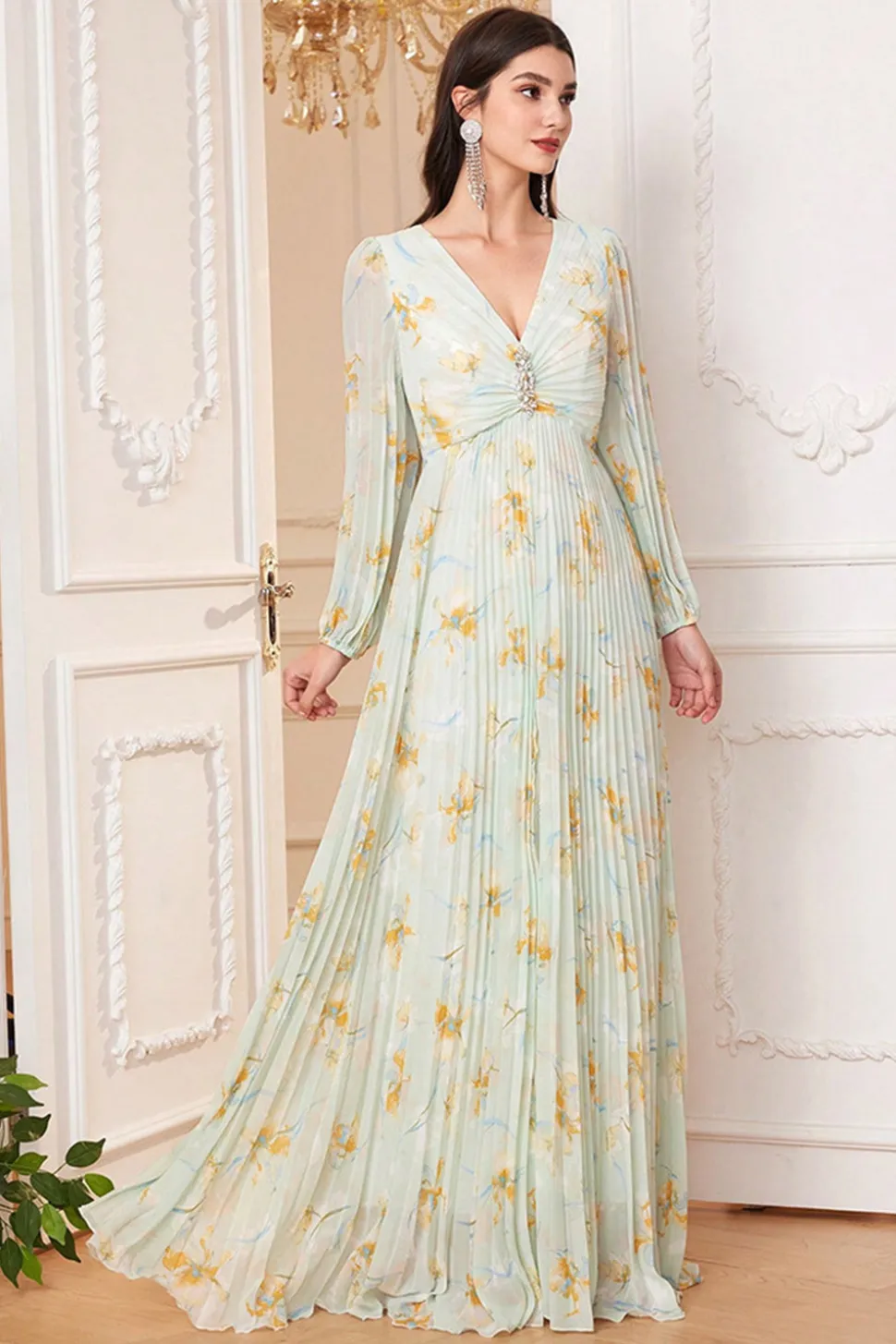 Verde Claro Mangas Longas Estampa Floral Uma Linha V Pescoço Prom Dress com Fenda