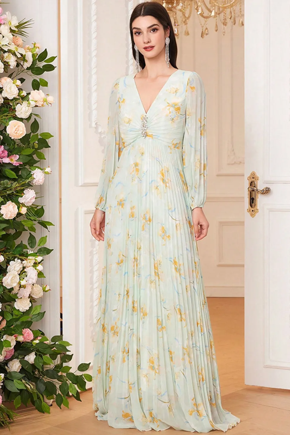 Verde Claro Mangas Longas Estampa Floral Uma Linha V Pescoço Prom Dress com Fenda