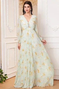 Verde Claro Mangas Longas Estampa Floral Uma Linha V Pescoço Prom Dress com Fenda