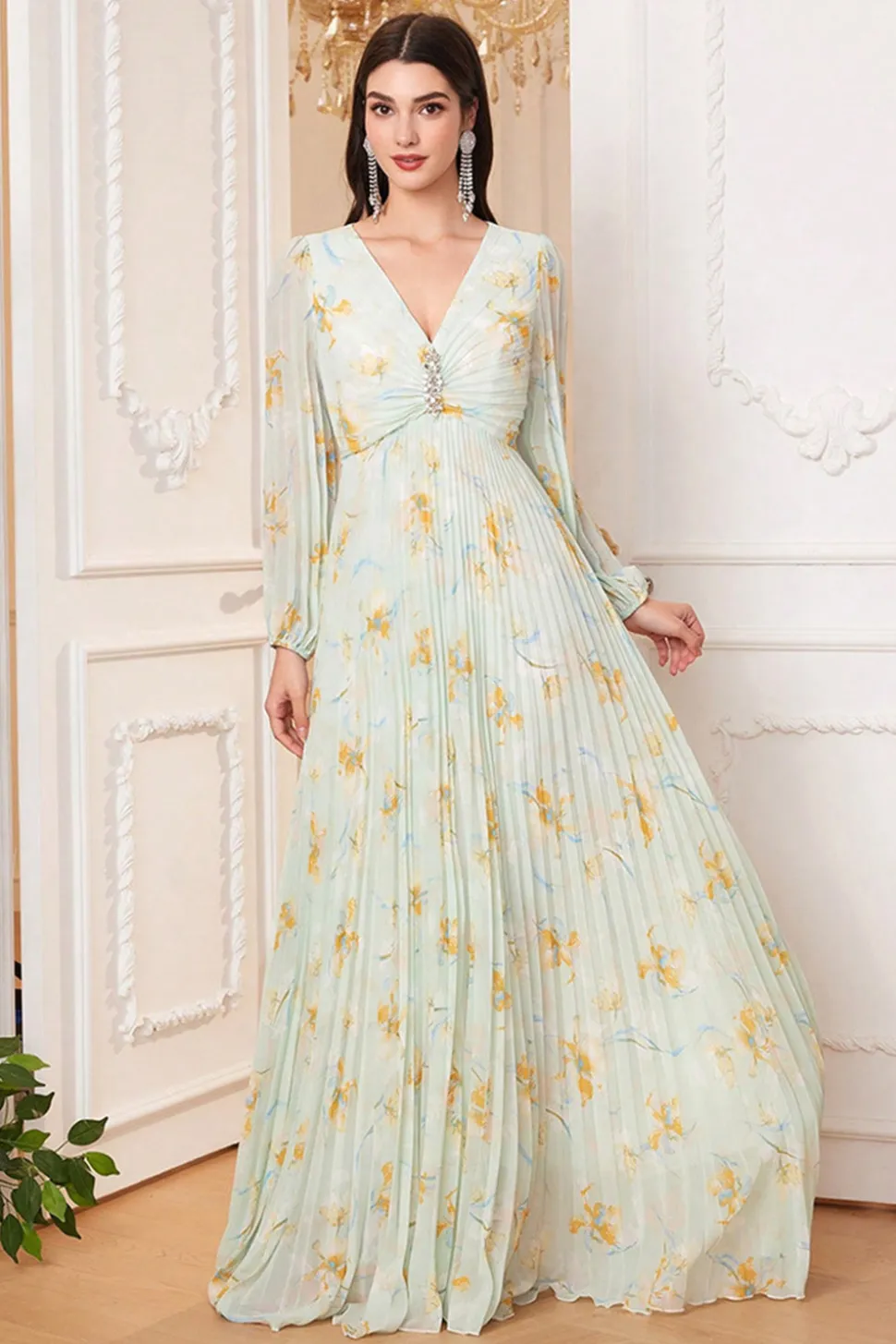 Verde Claro Mangas Longas Estampa Floral Uma Linha V Pescoço Prom Dress com Fenda