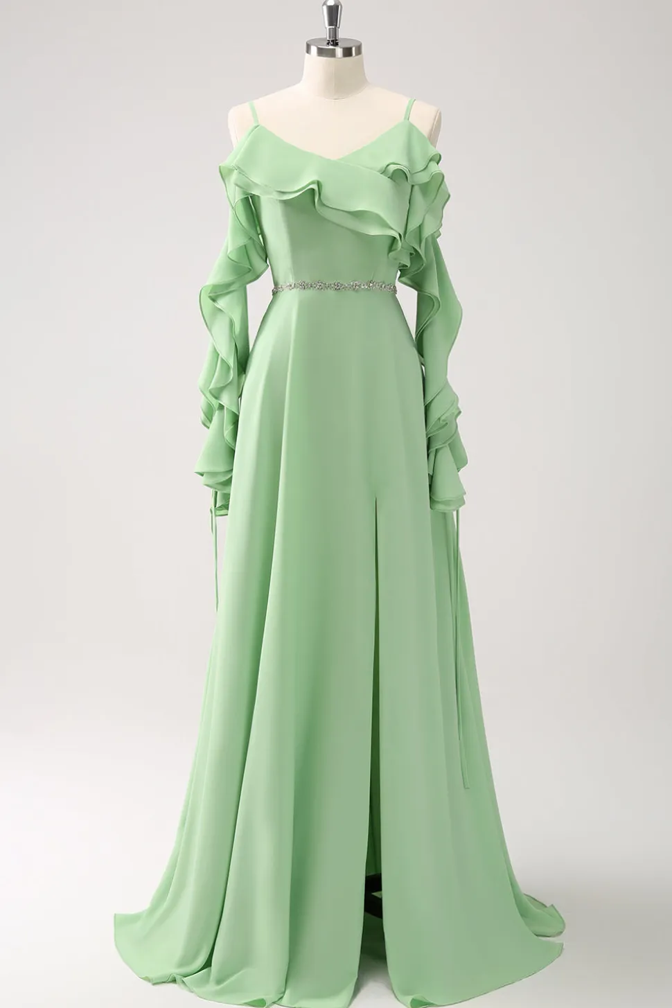 Verde Claro Ombro Frio A-Line Chiffon Vestido Longo Madrinha com Folhos