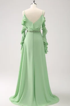 Verde Claro Ombro Frio A-Line Chiffon Vestido Longo Madrinha com Folhos