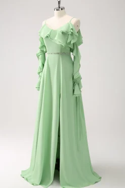 Verde Claro Ombro Frio A-Line Chiffon Vestido Longo Madrinha com Folhos