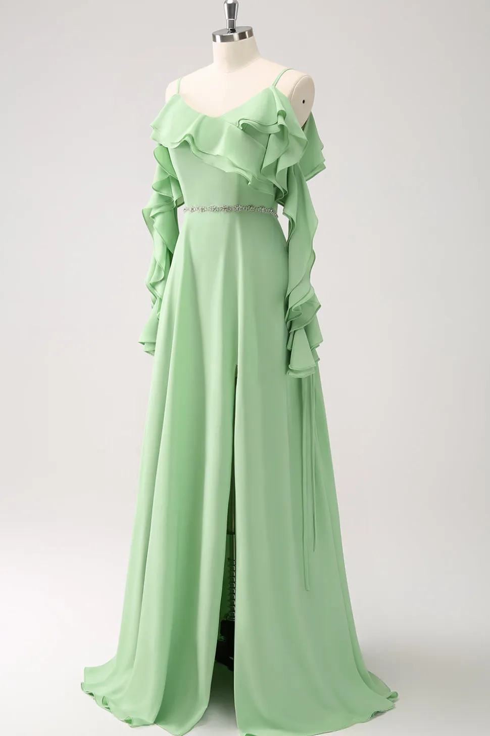 Verde Claro Ombro Frio A-Line Chiffon Vestido Longo Madrinha com Folhos