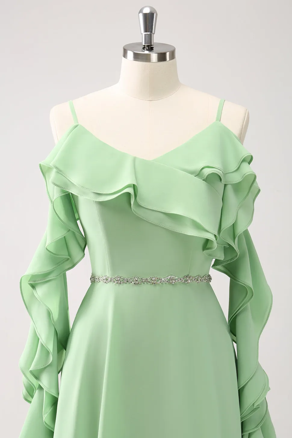 Verde Claro Ombro Frio A-Line Chiffon Vestido Longo Madrinha com Folhos