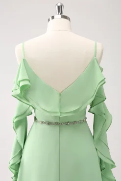 Verde Claro Ombro Frio A-Line Chiffon Vestido Longo Madrinha com Folhos