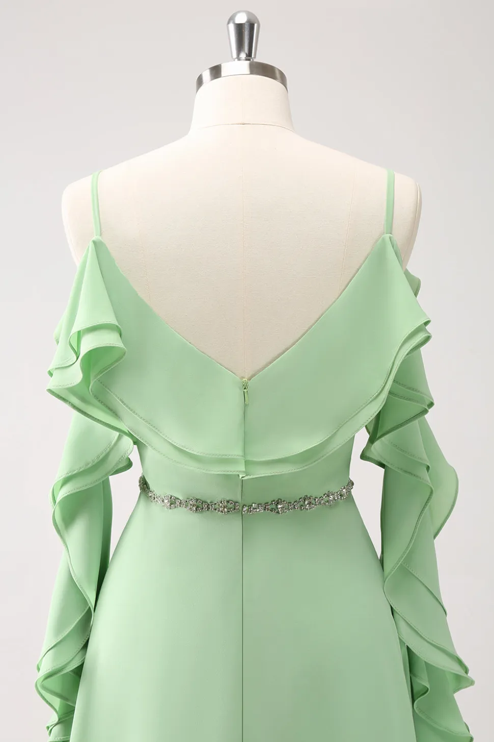 Verde Claro Ombro Frio A-Line Chiffon Vestido Longo Madrinha com Folhos