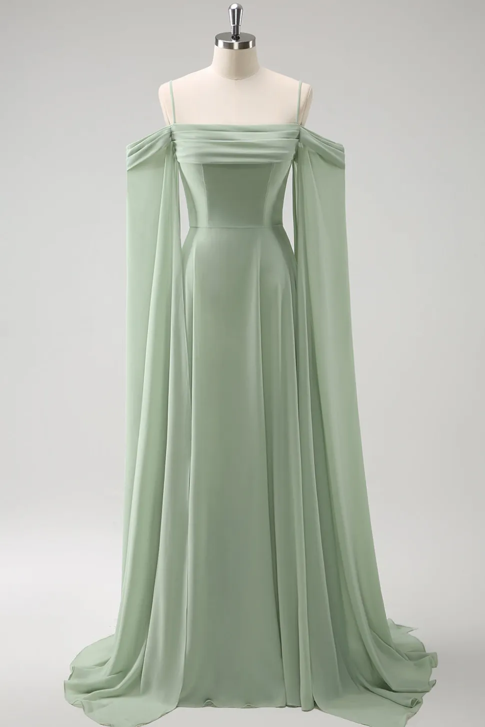 Verde claro ombro frio destacável mangas A-Line Chiffon longo vestido de dama de honra