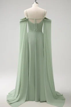 Verde claro ombro frio destacável mangas A-Line Chiffon longo vestido de dama de honra