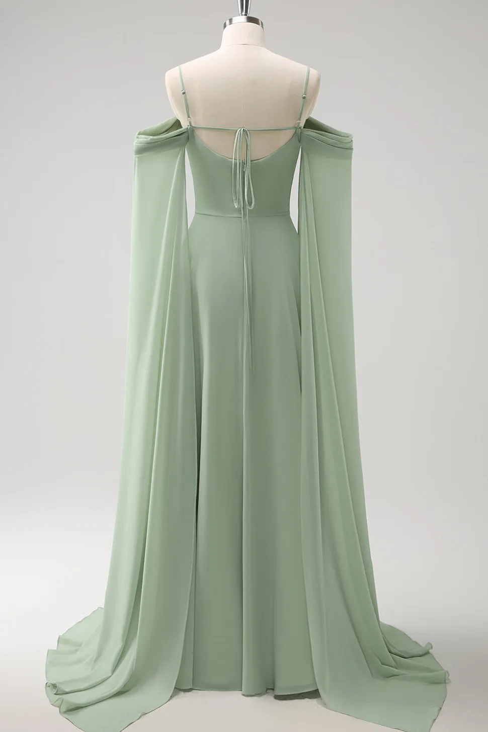 Verde claro ombro frio destacável mangas A-Line Chiffon longo vestido de dama de honra