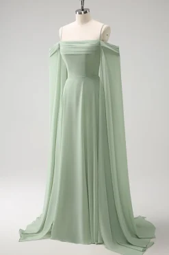 Verde claro ombro frio destacável mangas A-Line Chiffon longo vestido de dama de honra