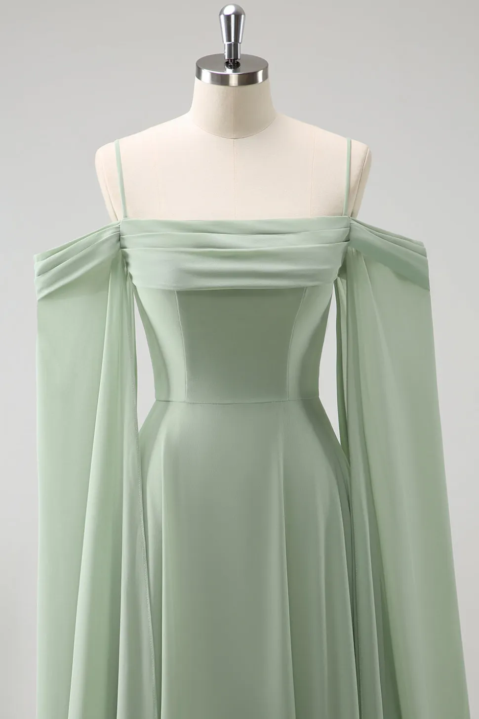 Verde claro ombro frio destacável mangas A-Line Chiffon longo vestido de dama de honra