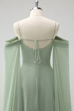 Verde claro ombro frio destacável mangas A-Line Chiffon longo vestido de dama de honra