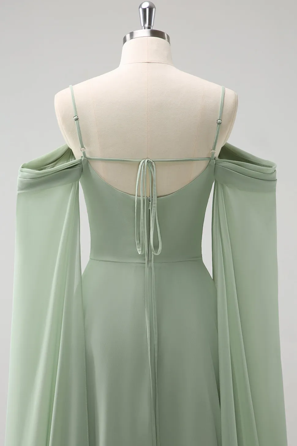 Verde claro ombro frio destacável mangas A-Line Chiffon longo vestido de dama de honra