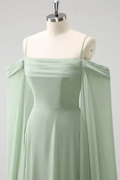 Verde claro ombro frio destacável mangas A-Line Chiffon longo vestido de dama de honra