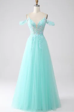 Verde Claro Ombro Frio Sequins Prom Dress