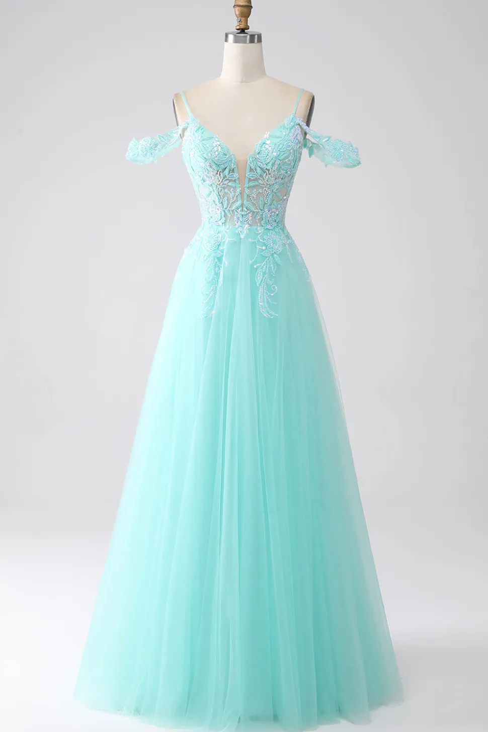 Verde Claro Ombro Frio Sequins Prom Dress