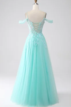 Verde Claro Ombro Frio Sequins Prom Dress