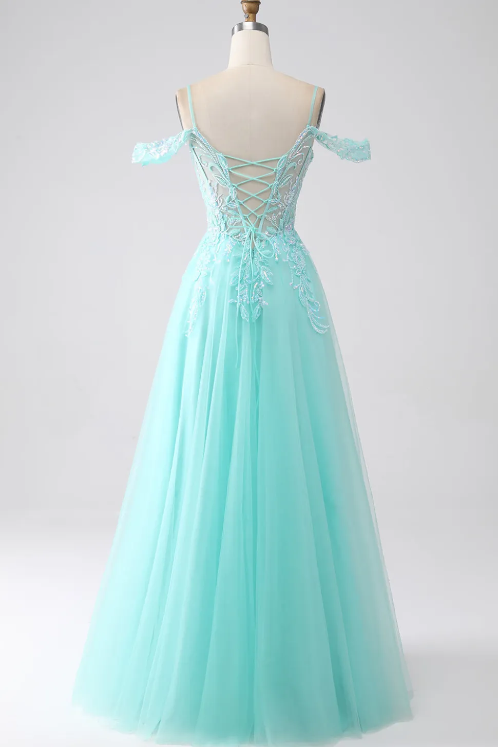 Verde Claro Ombro Frio Sequins Prom Dress