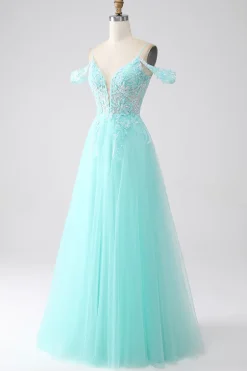 Verde Claro Ombro Frio Sequins Prom Dress