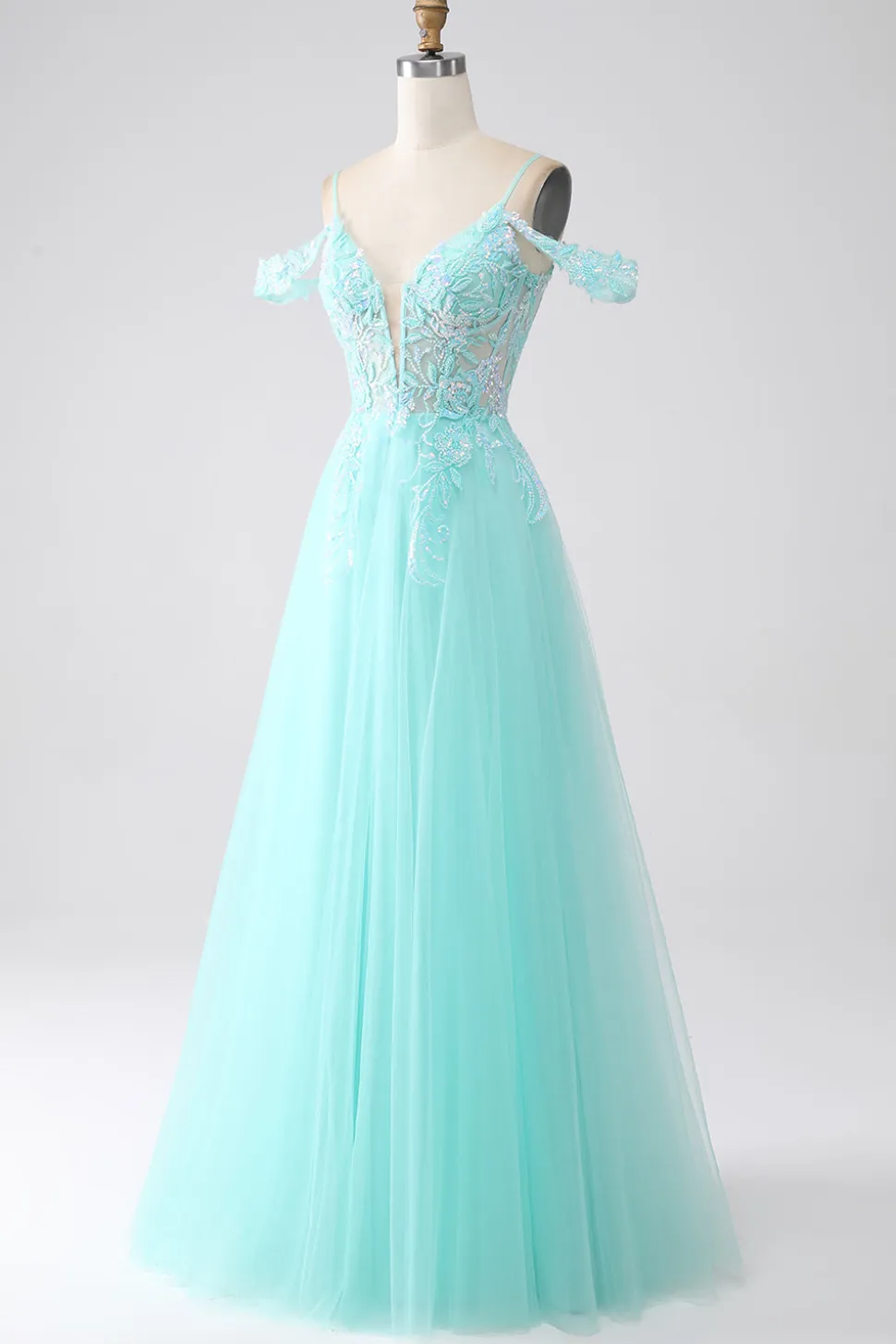 Verde Claro Ombro Frio Sequins Prom Dress