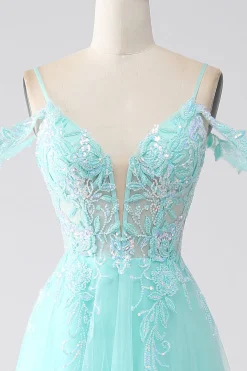 Verde Claro Ombro Frio Sequins Prom Dress
