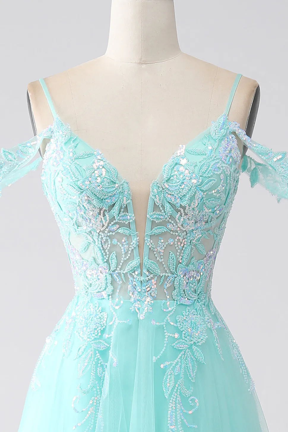 Verde Claro Ombro Frio Sequins Prom Dress