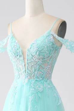 Verde Claro Ombro Frio Sequins Prom Dress