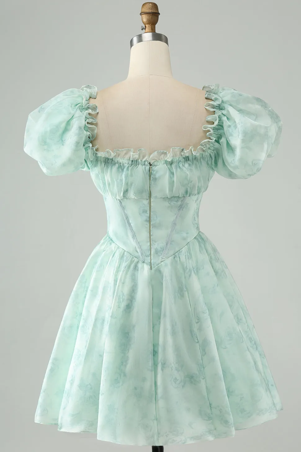 Verde claro Uma linha de pescoço quadrado babado floral vestido curto de volta para casa