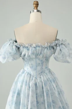 Verde claro Uma linha de pescoço quadrado babado floral vestido curto de volta para casa