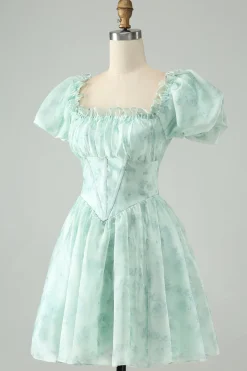 Verde claro Uma linha de pescoço quadrado babado floral vestido curto de volta para casa